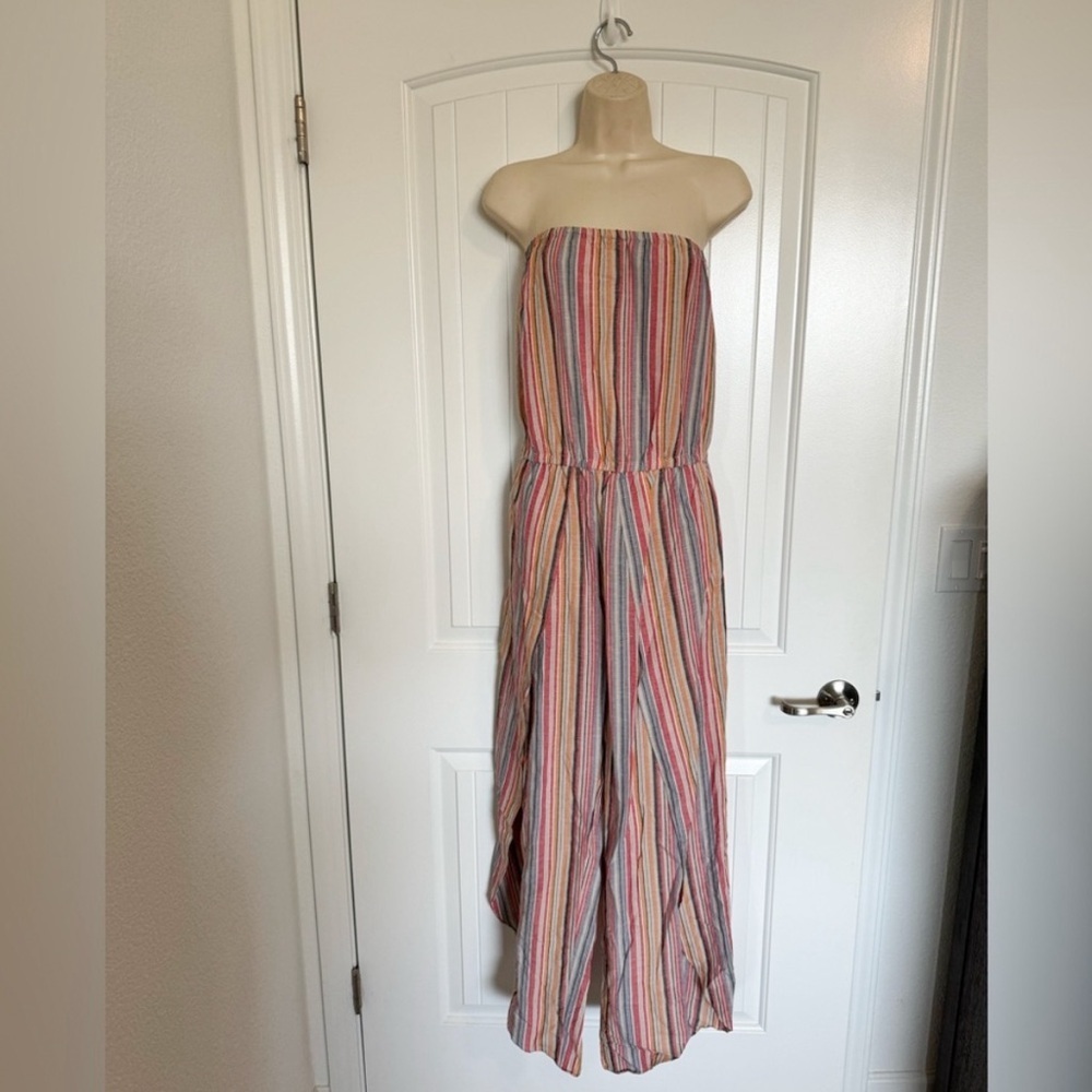 Anthropologie Drew Linen Blend Striped strapless jumpsuit size Small NWT